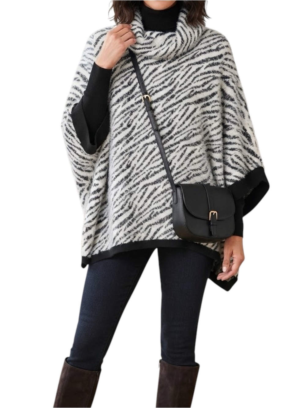 Joseph Ribkoff Cozy Zebra-Print Cowl Neck Sweater Poncho Black White Size 8